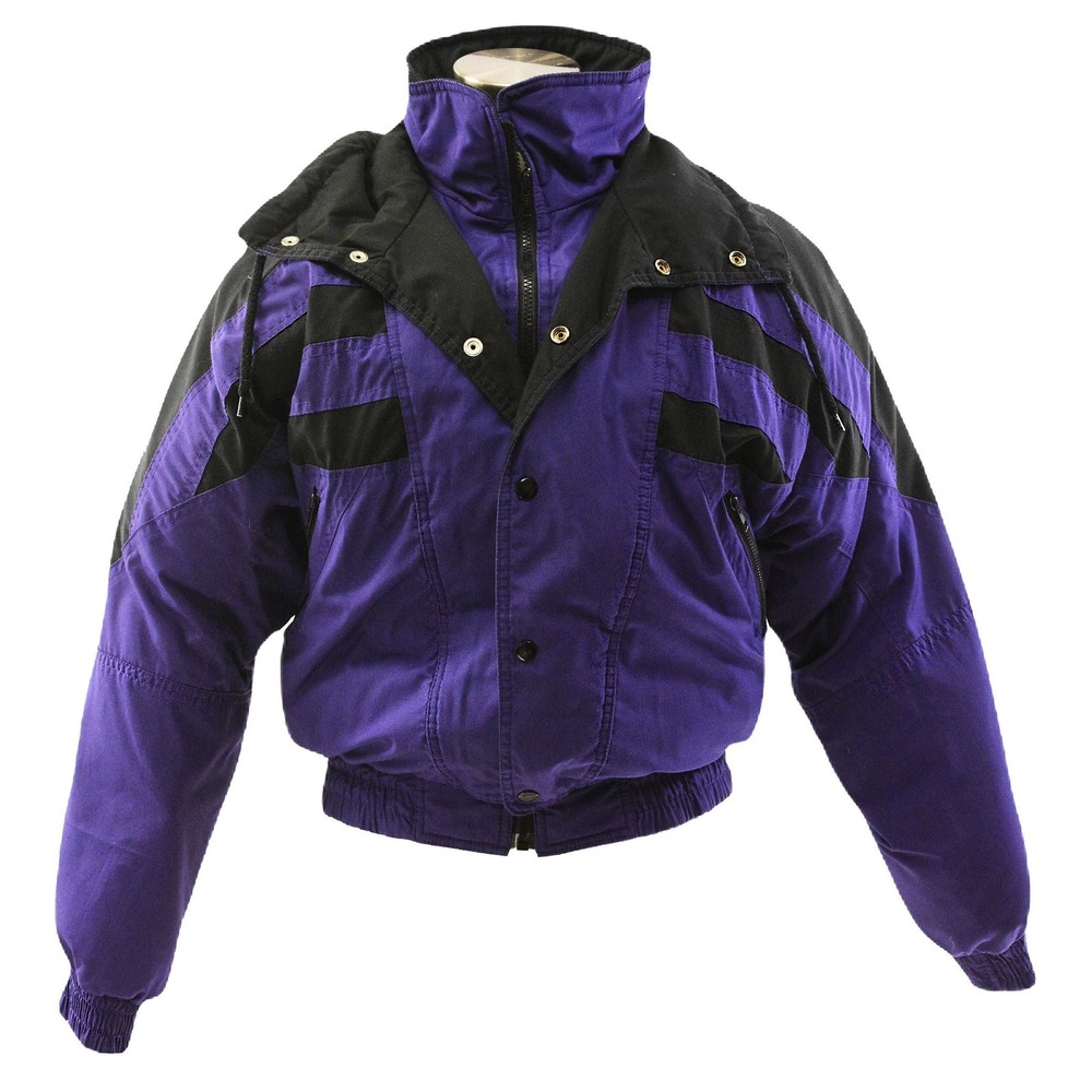 80s Vintage Down Puffer Coat Womens M 10 Purple & Black Cropped Ski Jacket Retro
